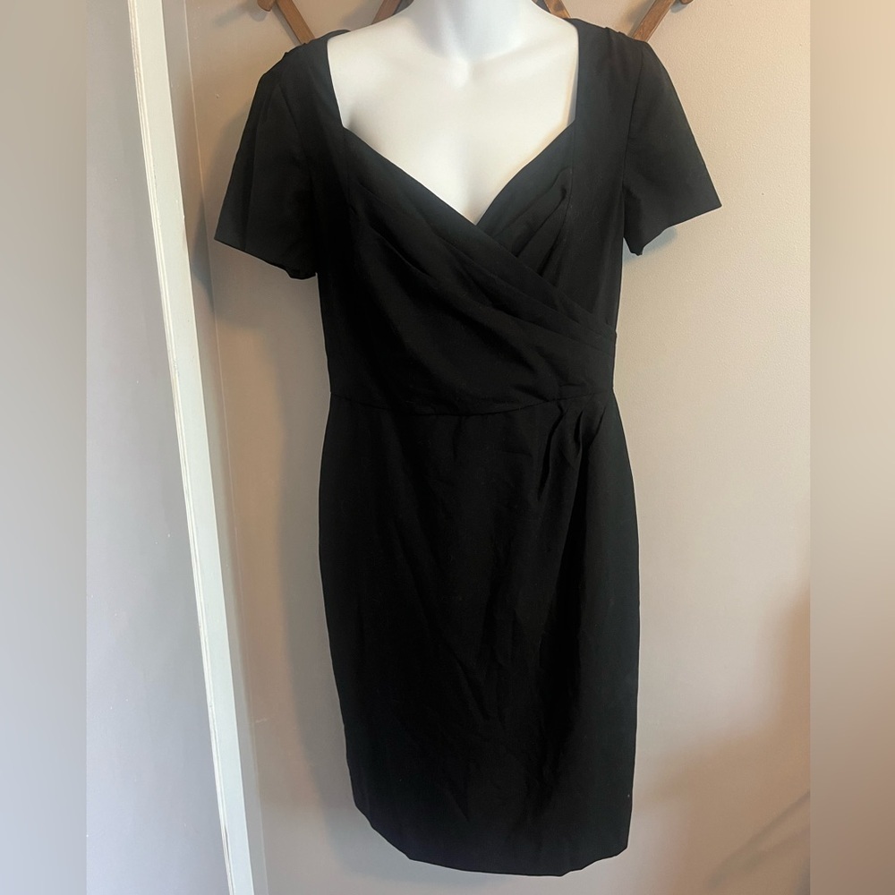 BANANA REPUBLIC Black Pleated Faux Wrap Stretch Wool Dress Size 10 LBD